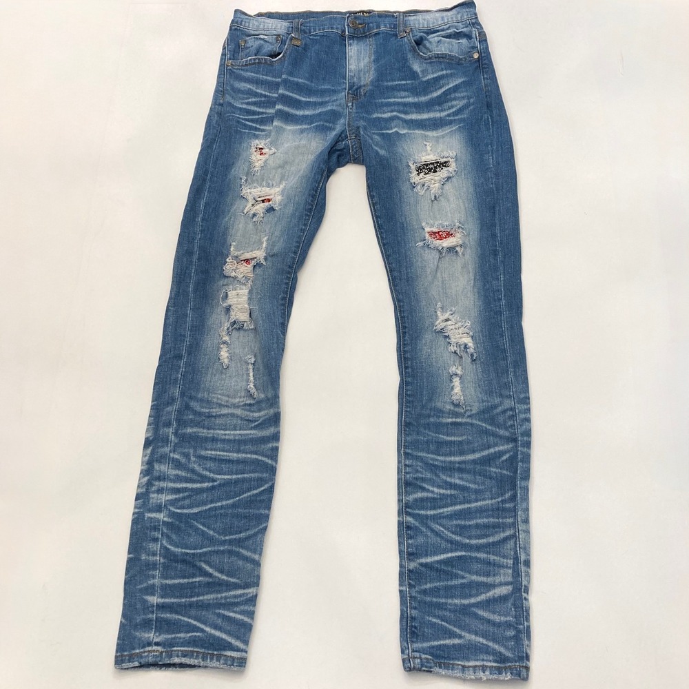 Cote de Nuits Guerre et Paix Jeans Mens 36x33 Whiskering Rhinestone Patches Rips
